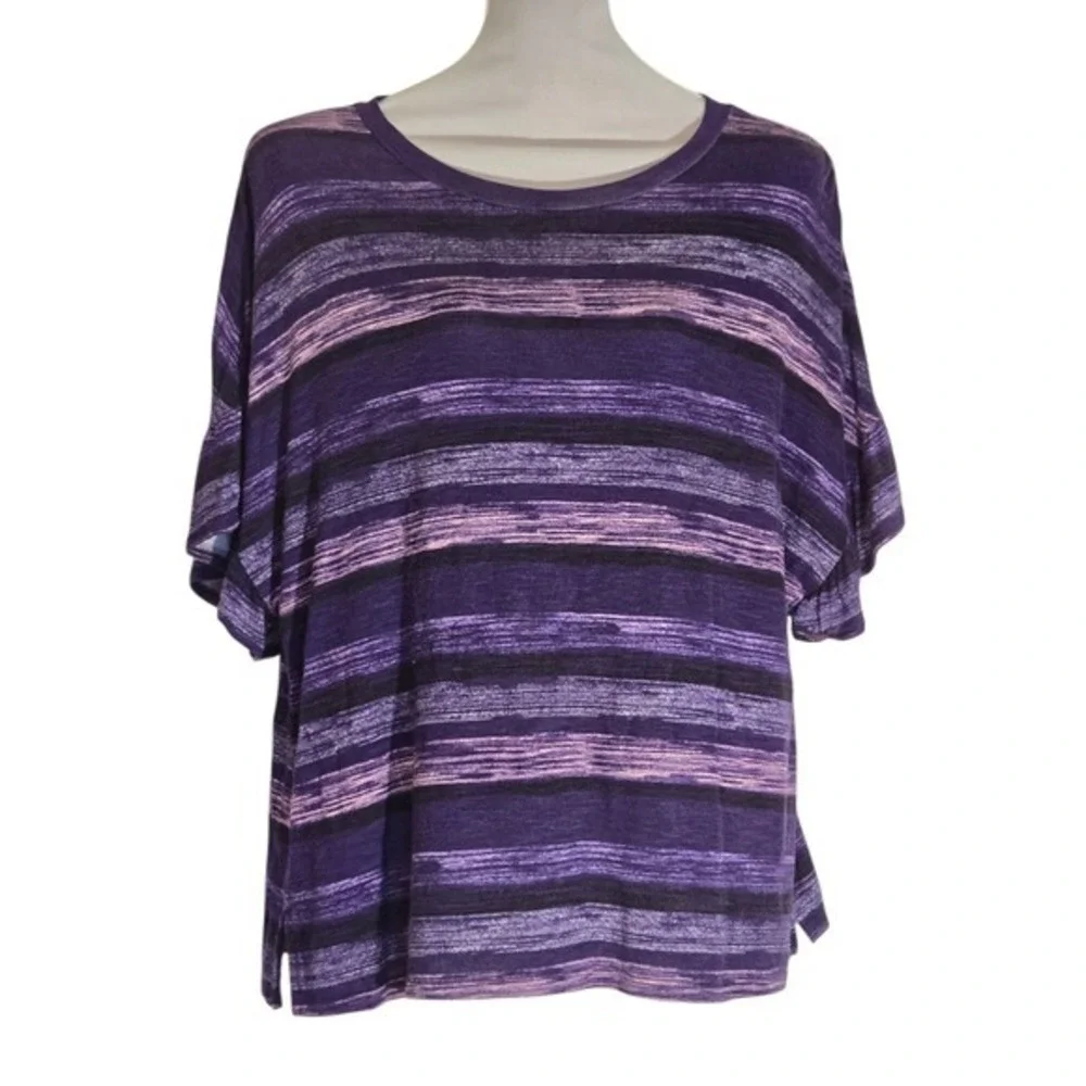 Womens Purple Black Striped Space Dye Short Sleeve Crew Neck‎ Relaxed Knit Top